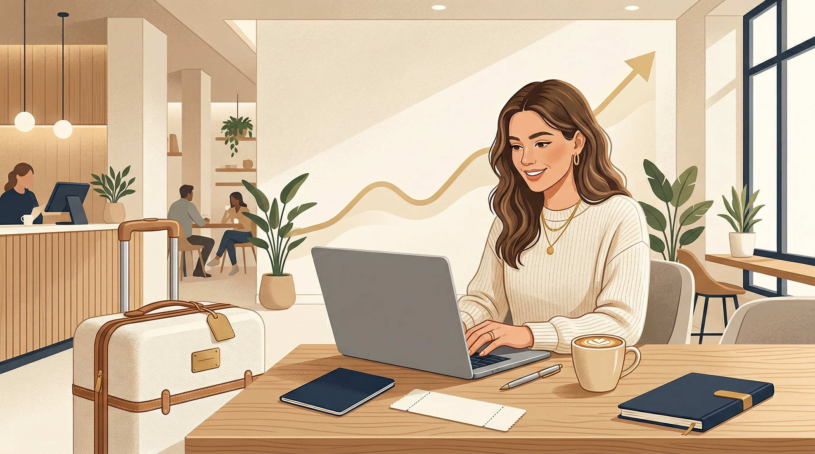 Una ilustración de una persona de la Gen Z equilibrando viajes y trabajo, representando el soft saving y la creación de riqueza.