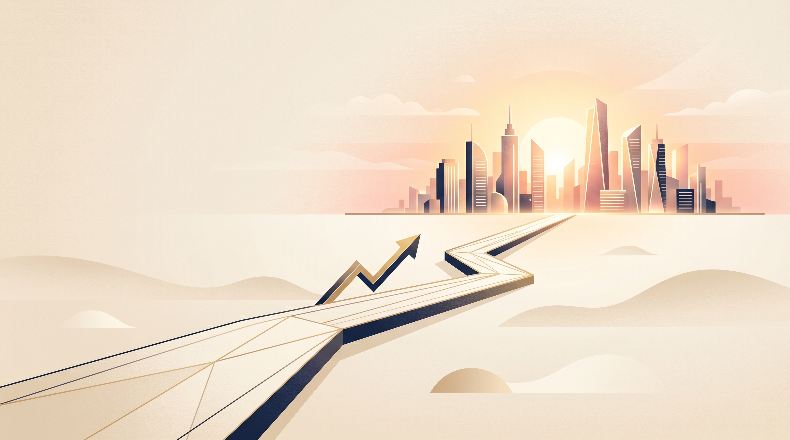 A stylized upward path and city skyline representing financial growth